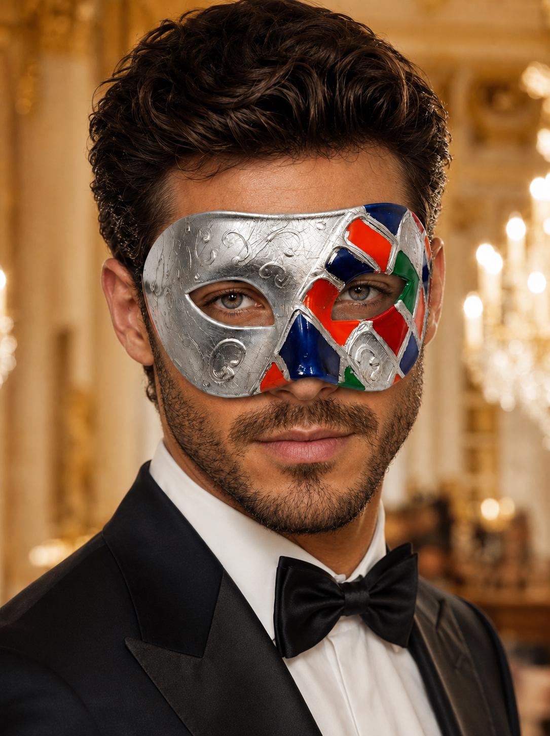 Silver Masquerade Mask for Men - Multicolor Checkered Phantom Venetian Design - Image 2