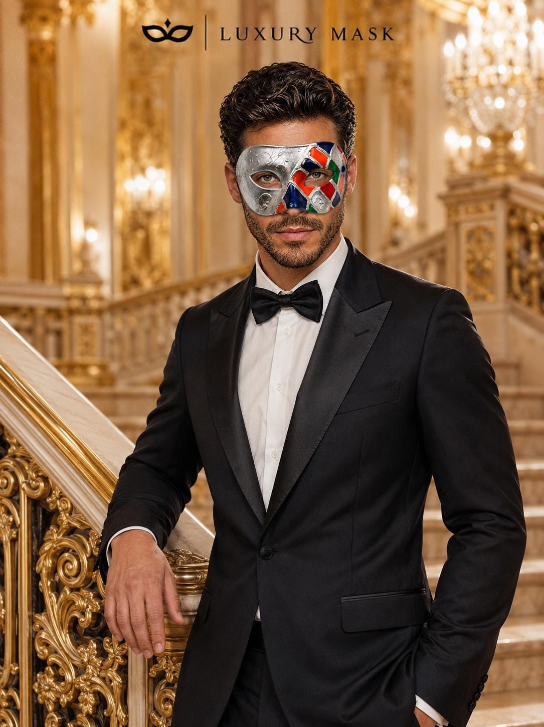 Silver Masquerade Mask for Men - Multicolor Checkered Phantom Venetian Design - Image 4