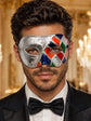 Silver Masquerade Mask for Men - Multicolor Checkered Phantom Venetian Design