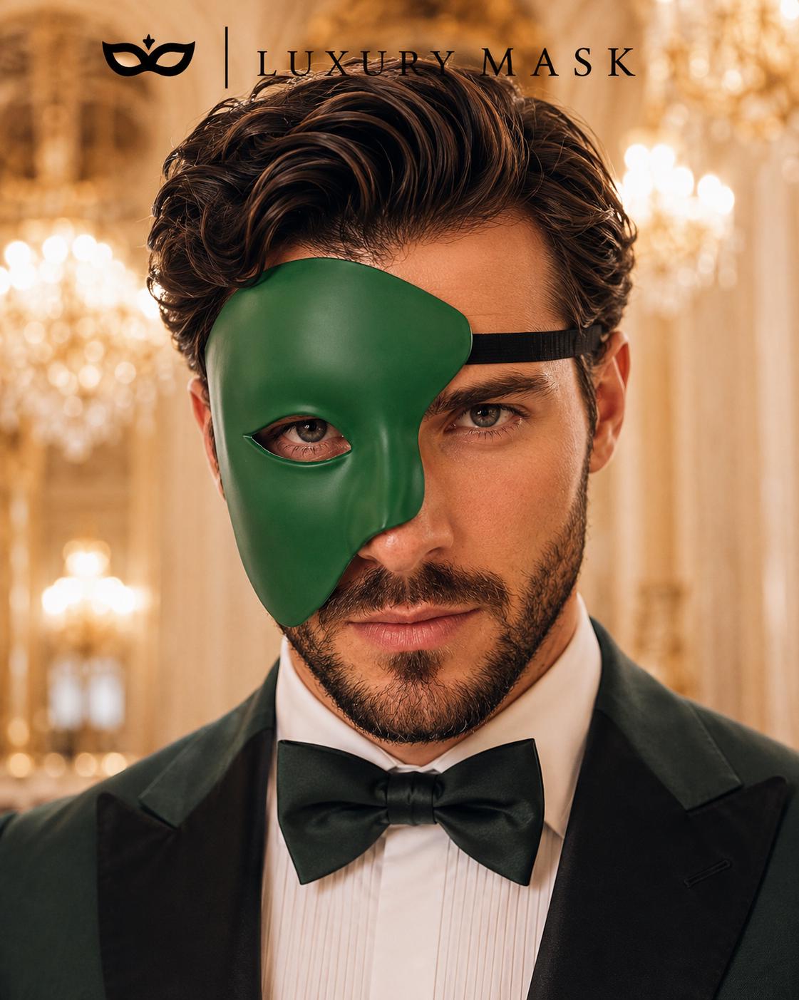 Green Masquerade Mask for Men - Phantom of the Opera One-Eye Venetian Mask