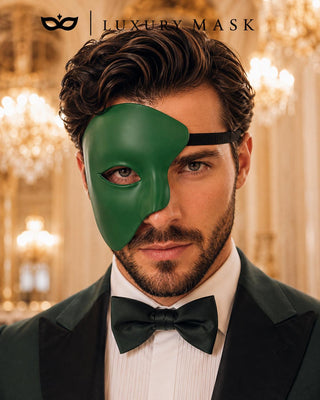 Green Masquerade Mask for Men - Phantom of the Opera One-Eye Venetian Mask