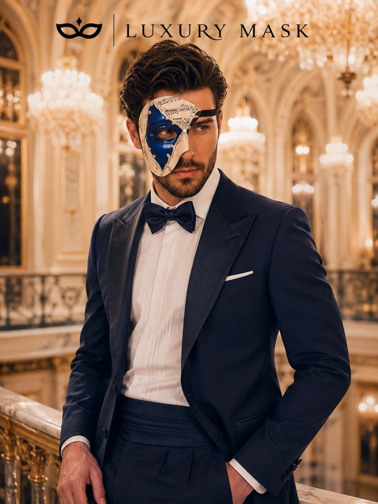 Blue Masquerade Mask for Men - Silver Musical Phantom One-Eye Venetian Mask - Image 4