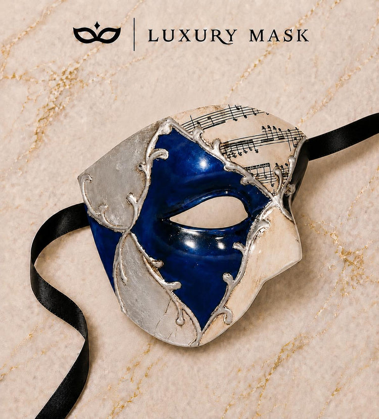 Blue Masquerade Mask for Men - Silver Musical Phantom One-Eye Venetian Mask - Image 5
