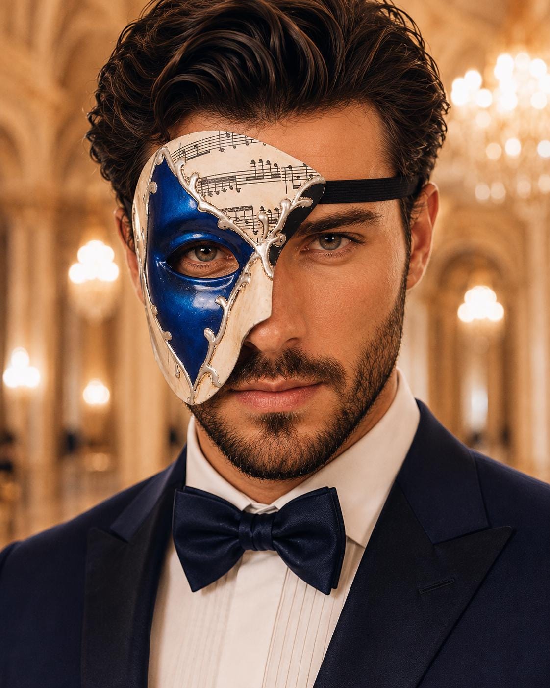 Blue Masquerade Mask for Men - Silver Musical Phantom One-Eye Venetian Mask