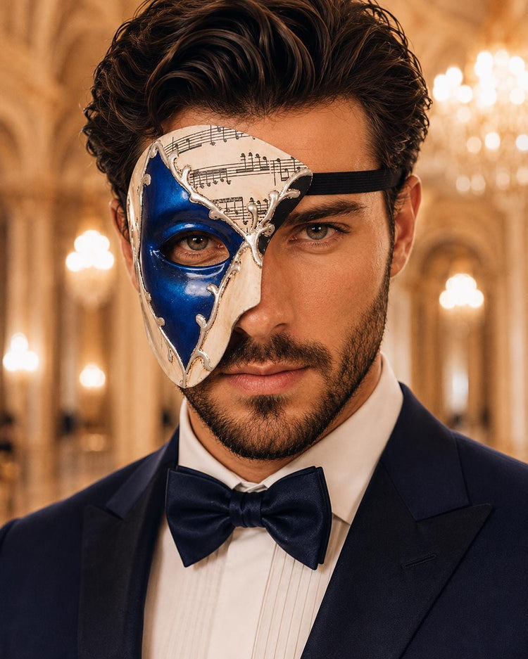 Blue Masquerade Mask for Men - Silver Musical Phantom One-Eye Venetian Mask