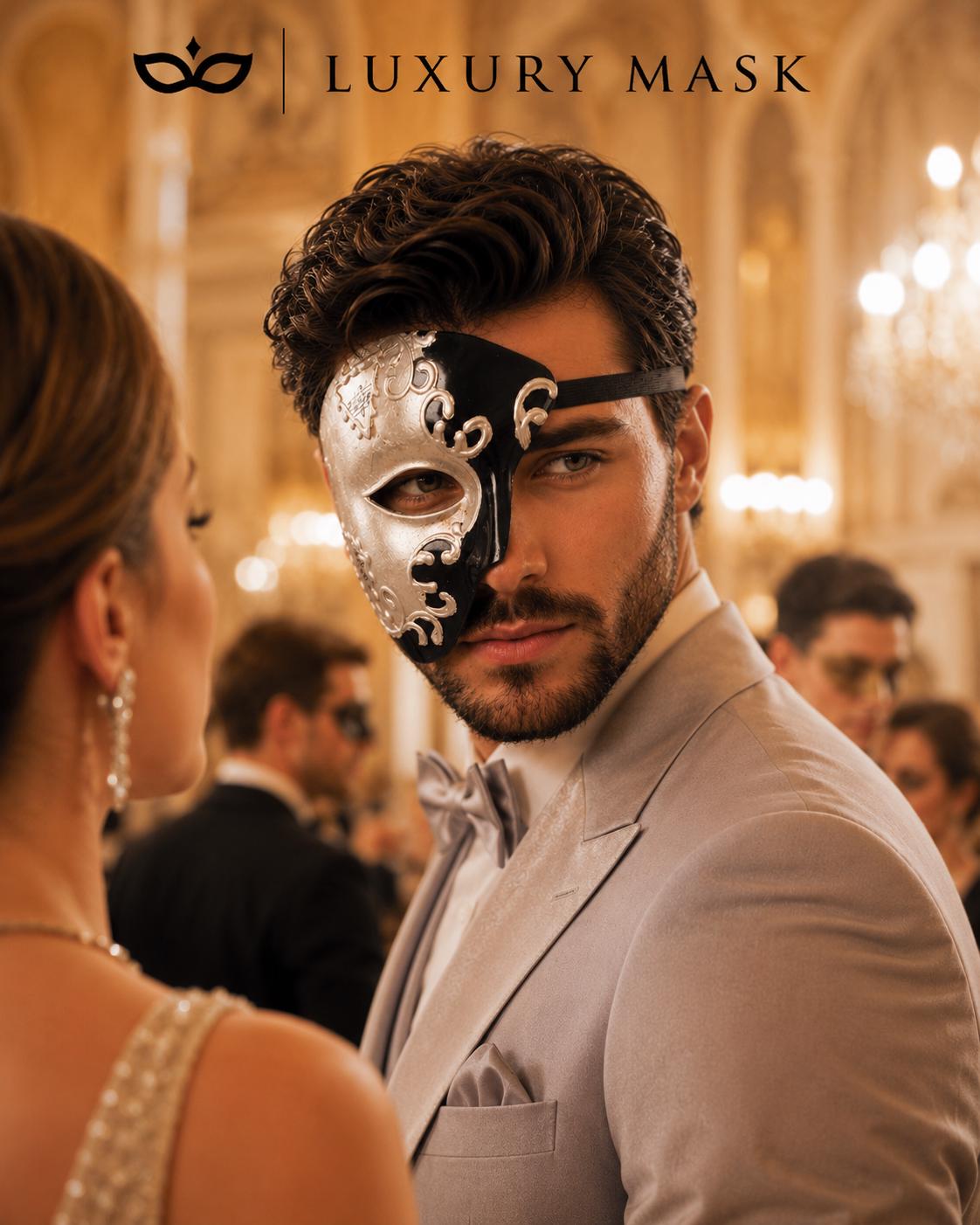 Black Masquerade Mask for Men - Silver Musical Phantom One-Eye Venetian Mask - Image 3