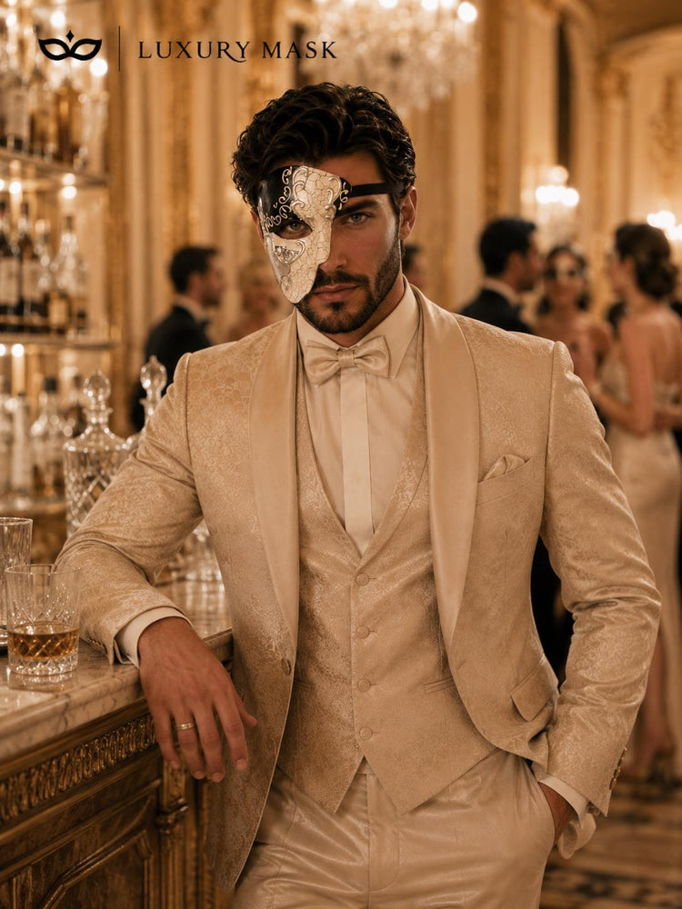 Black Masquerade Mask for Men - Silver Musical Phantom Mask with Crack Detailing - Image 5