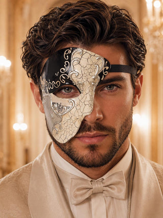 Black Masquerade Mask for Men - Silver Musical Phantom Mask with Crack Detailing
