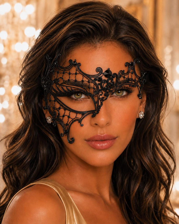 Black Masquerade Mask for Women - Metallic Venetian Filigree Half Face Eye Mask