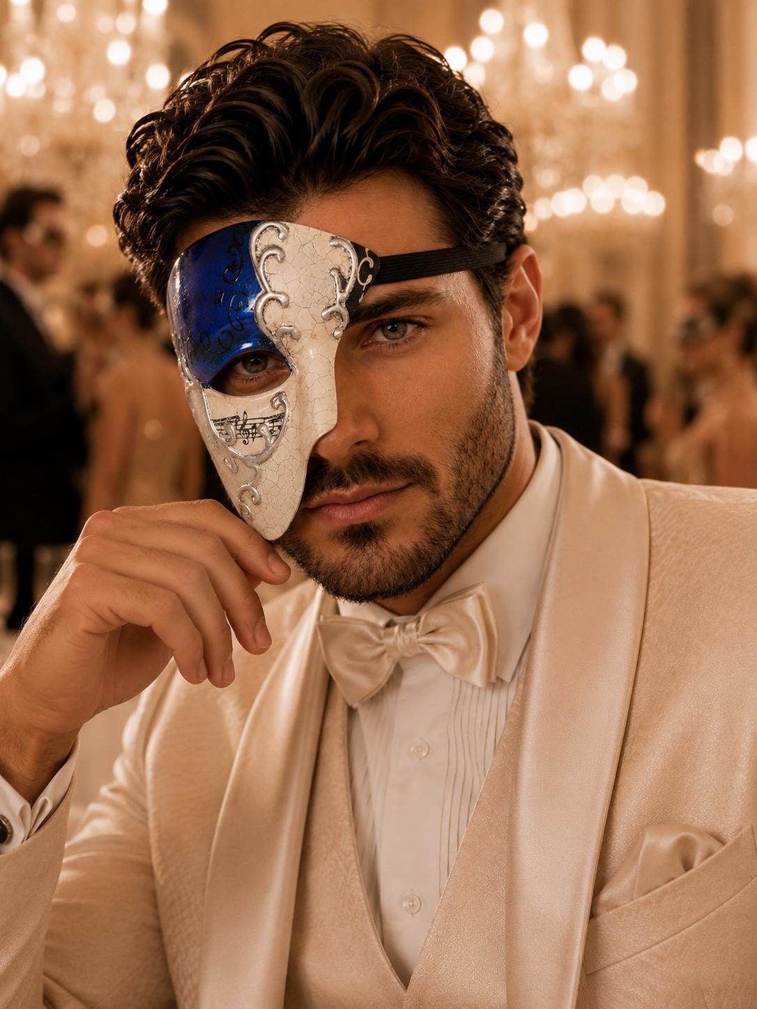 Blue Masquerade Mask for Men - Silver Musical Phantom Mask with Crack Detailing - Image 2