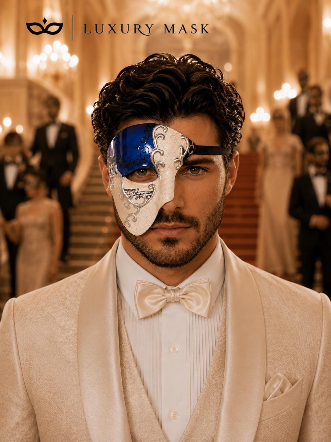 Blue Masquerade Mask for Men - Silver Musical Phantom Mask with Crack Detailing - Image 3