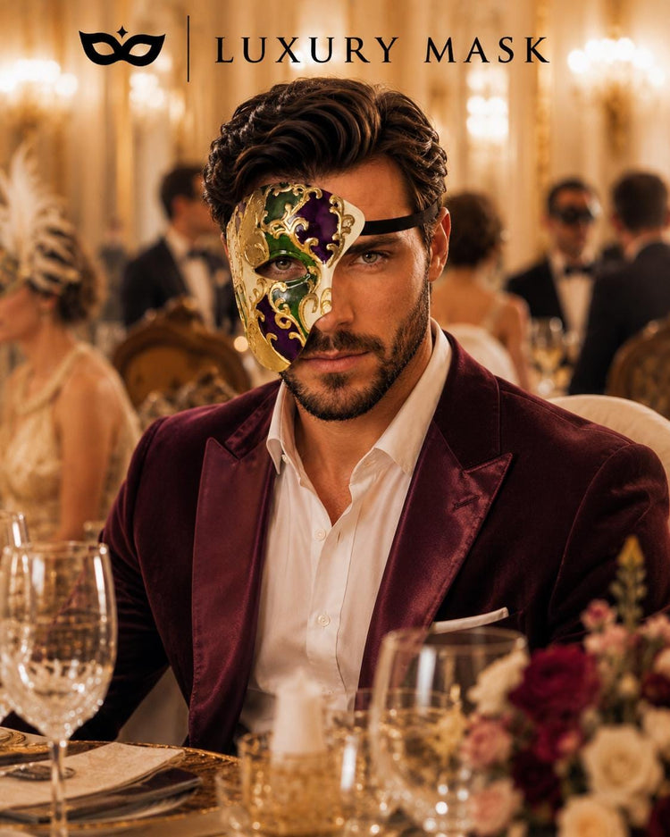 Purple Masquerade Mask for Men - Gold and Green One-Eye Phantom Design - Image 3