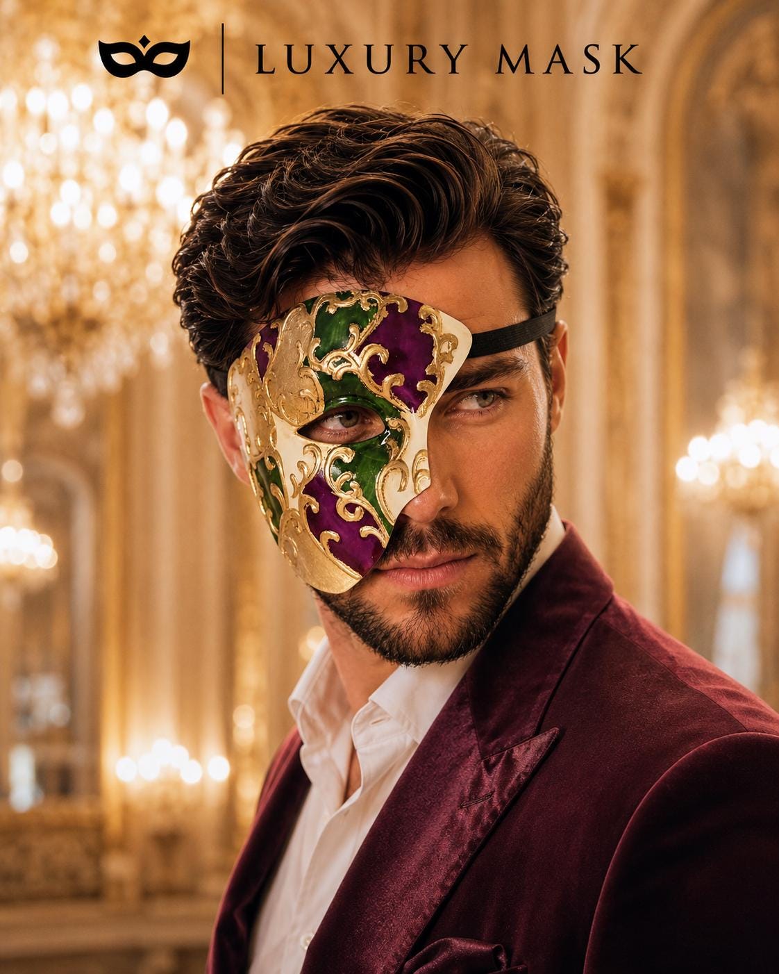 Purple Masquerade Mask for Men - Gold and Green One-Eye Phantom Design - Image 2