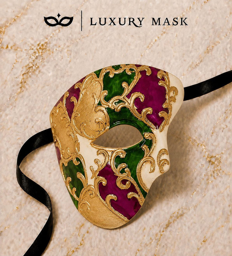 Purple Masquerade Mask for Men - Gold and Green One-Eye Phantom Design - Image 5