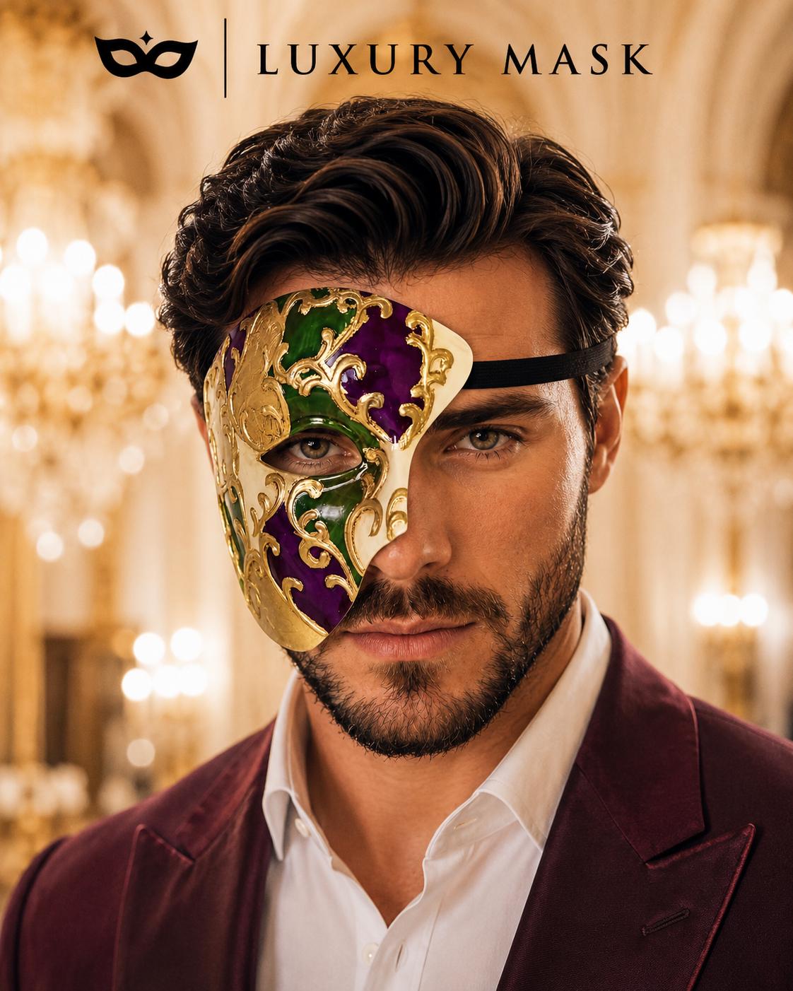 Purple Masquerade Mask for Men - Gold and Green One-Eye Phantom Design