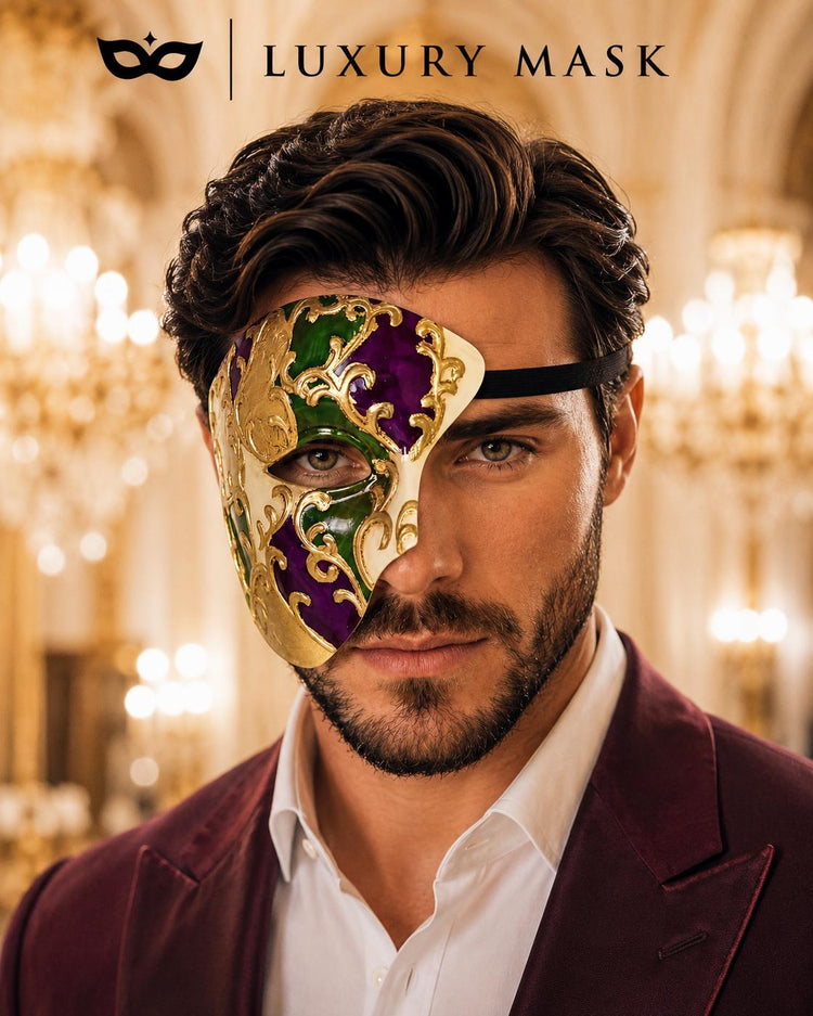 Purple Masquerade Mask for Men - Gold and Green One-Eye Phantom Design