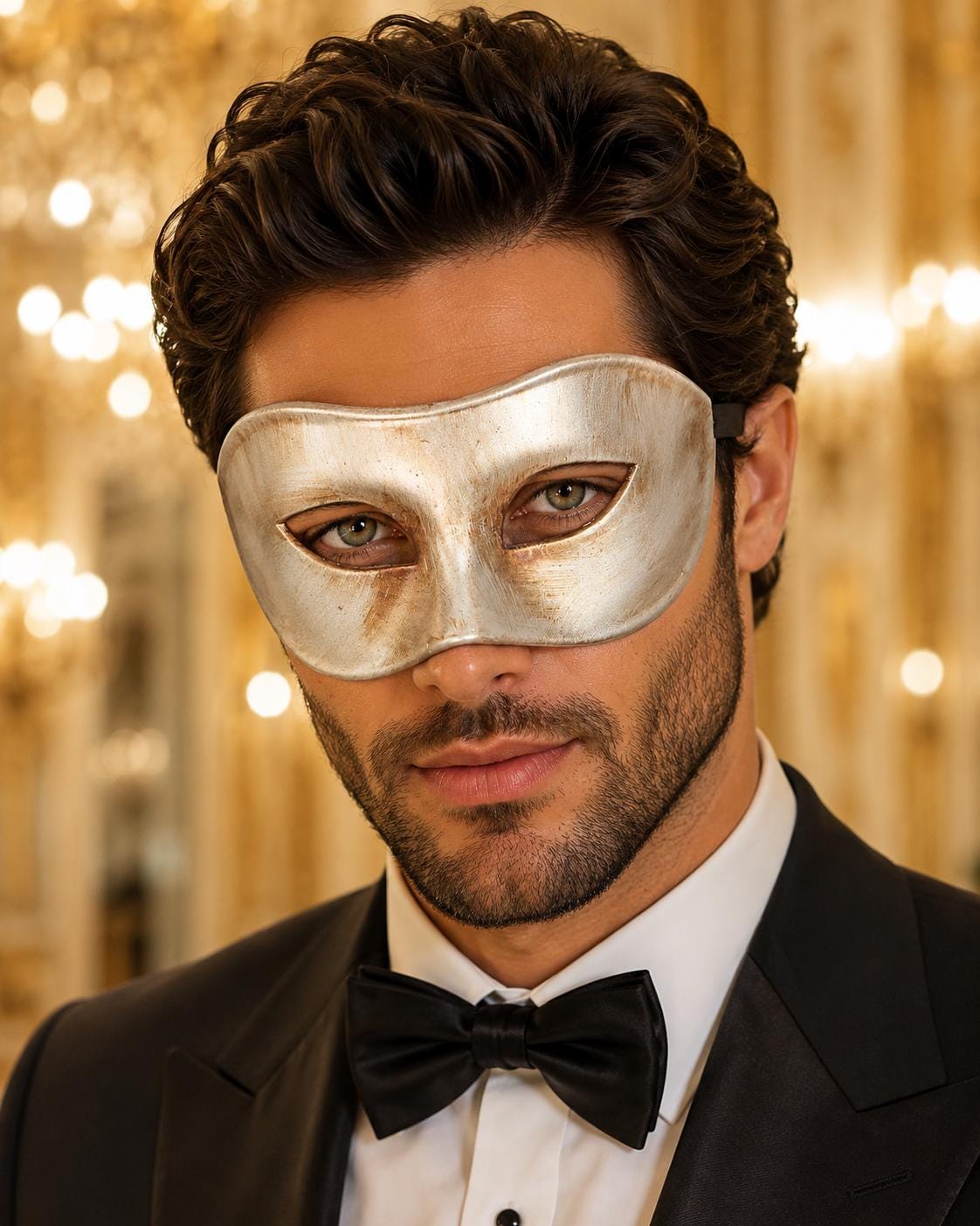 Silver Masquerade Mask for Men - Classic Venetian Half Face Design