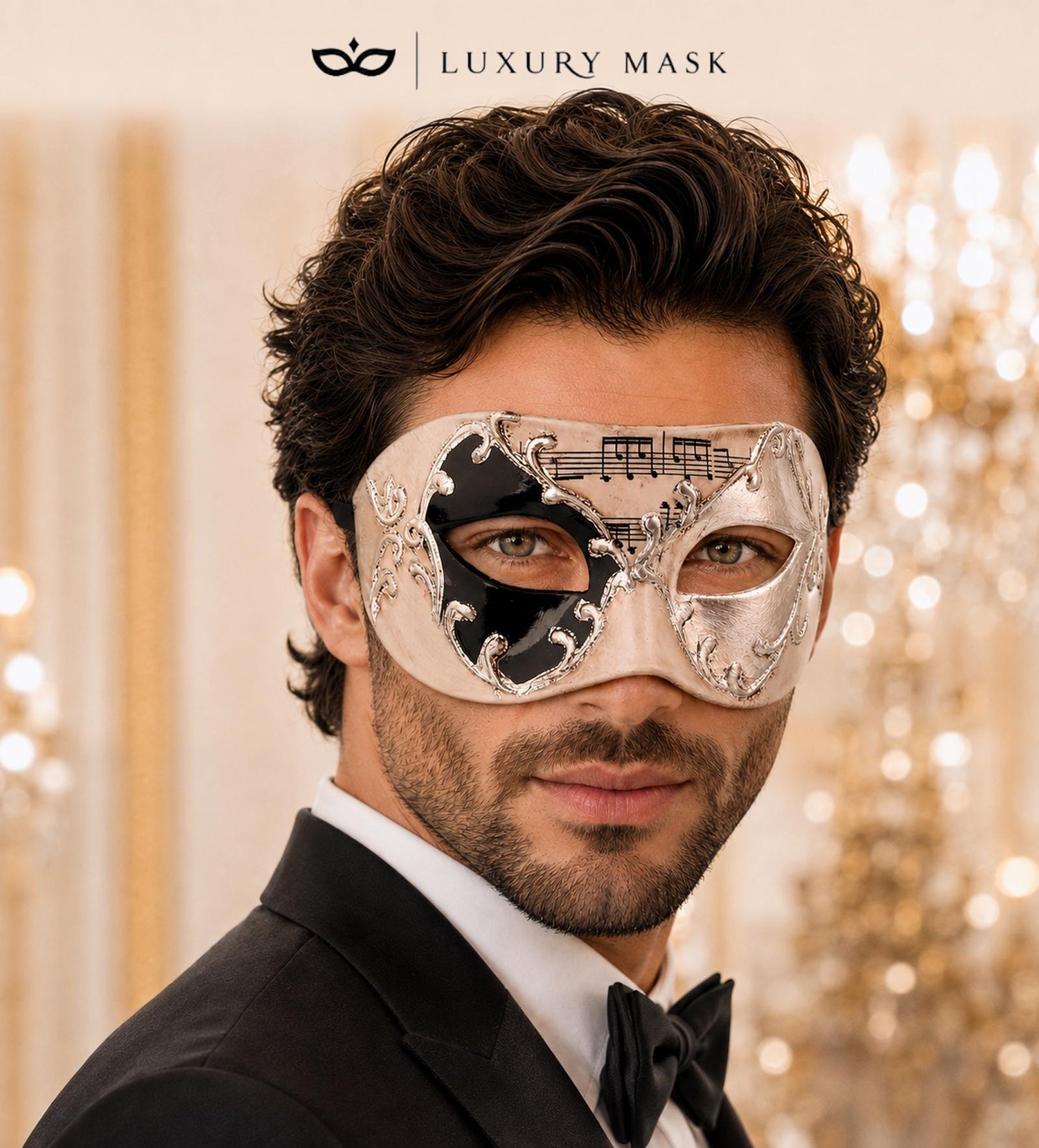Black Masquerade Mask for Men - Silver Musical Venetian Sheet Music Design - Image 2