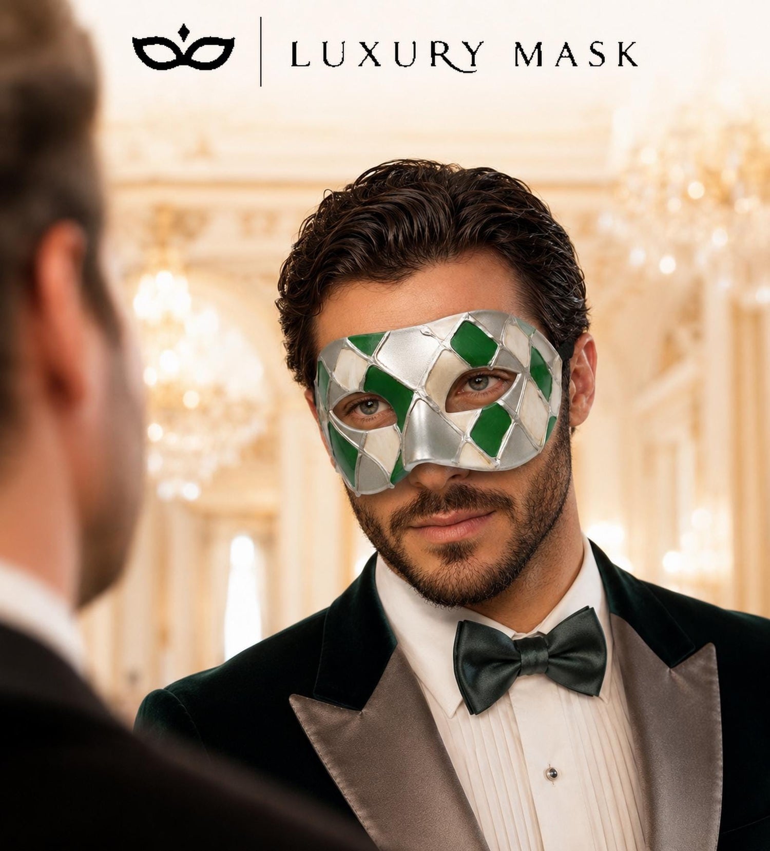 Green Masquerade Mask for Men - Silver Checkered Venetian Diamond Design - Image 4