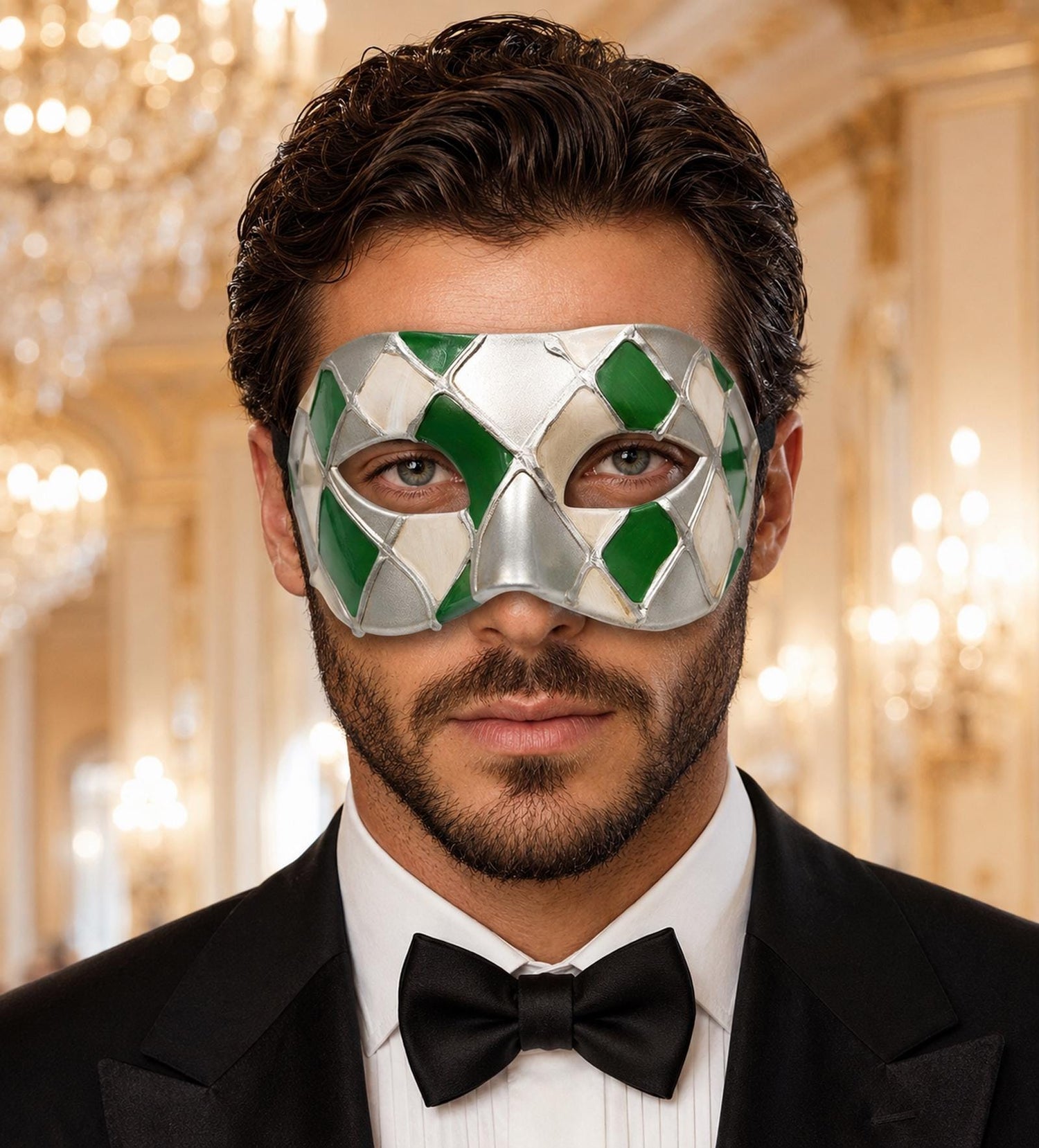 Green Masquerade Mask for Men - Silver Checkered Venetian Diamond Design