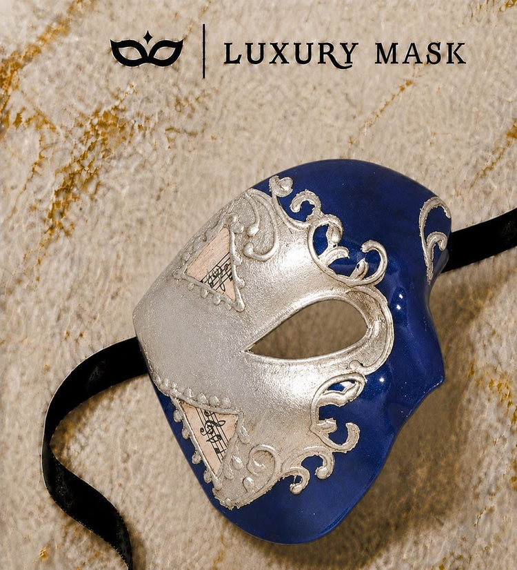 Blue Masquerade Mask for Men - Silver Musical Phantom One-Eye Venetian Mask - Image 5