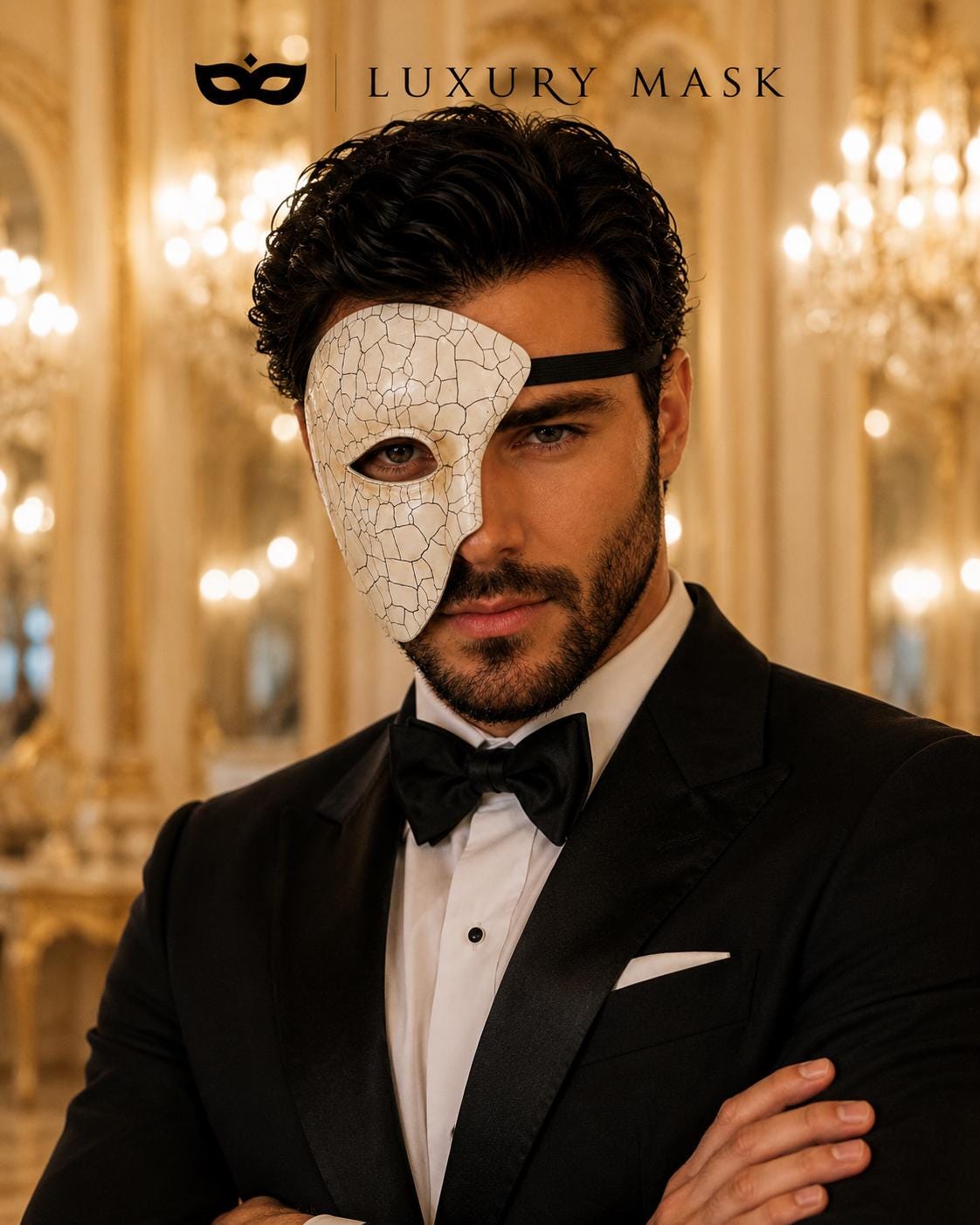 White Masquerade Mask for Men - Phantom of the Opera One-Eye Mask with Crack Detailing - Image 3