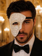 White Masquerade Mask for Men - Phantom of the Opera One-Eye Mask with Crack Detailing