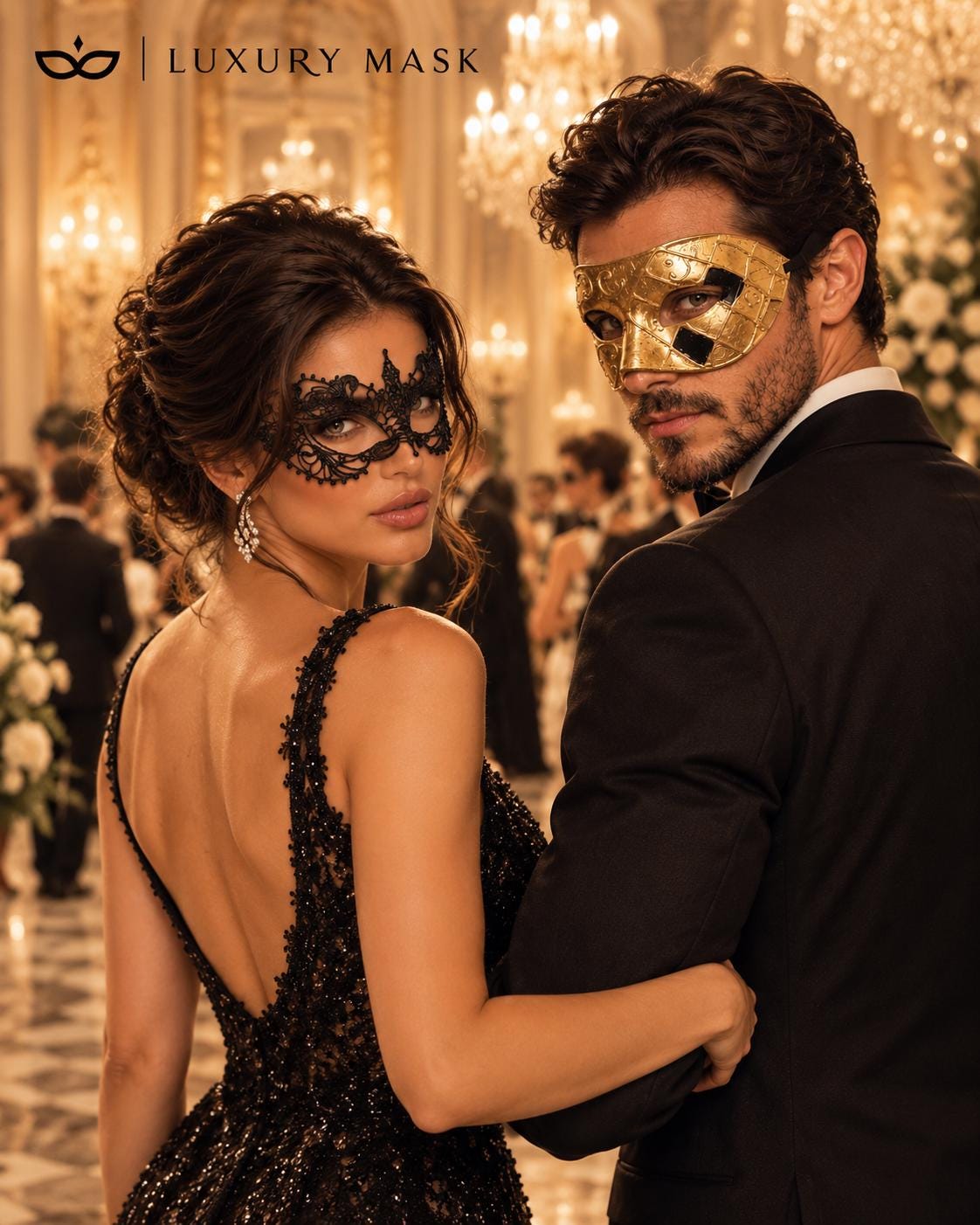 Gold & Black Couples Masquerade Mask Set | Gold Classic Venetian Mask for Men and Elegant Black Lace Mask for Women product view 4