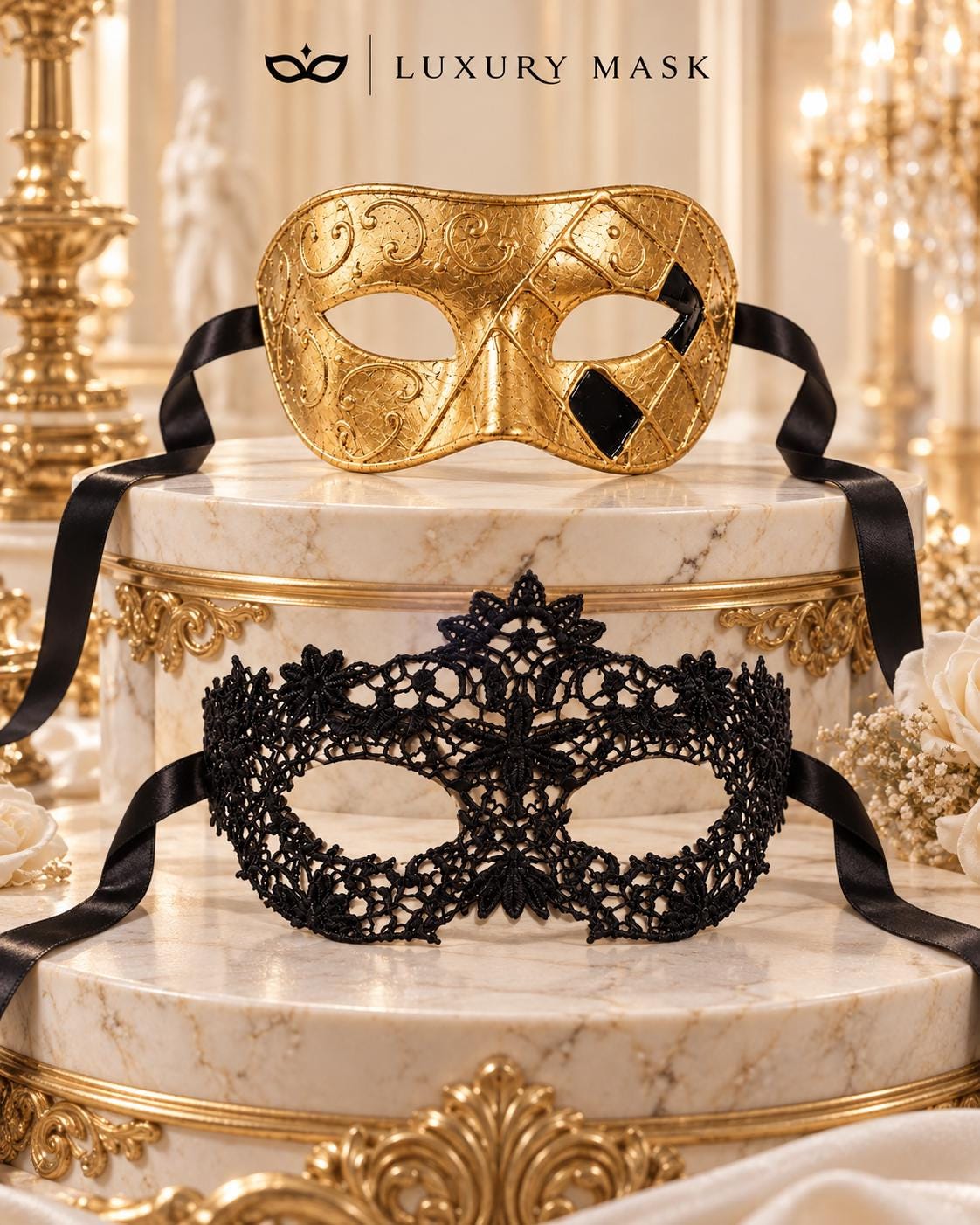 Gold Classic Venetian Mask for Men & Black Flower Lace Mask for Women | Elegant Couples Masquerade Mask Set product view 6