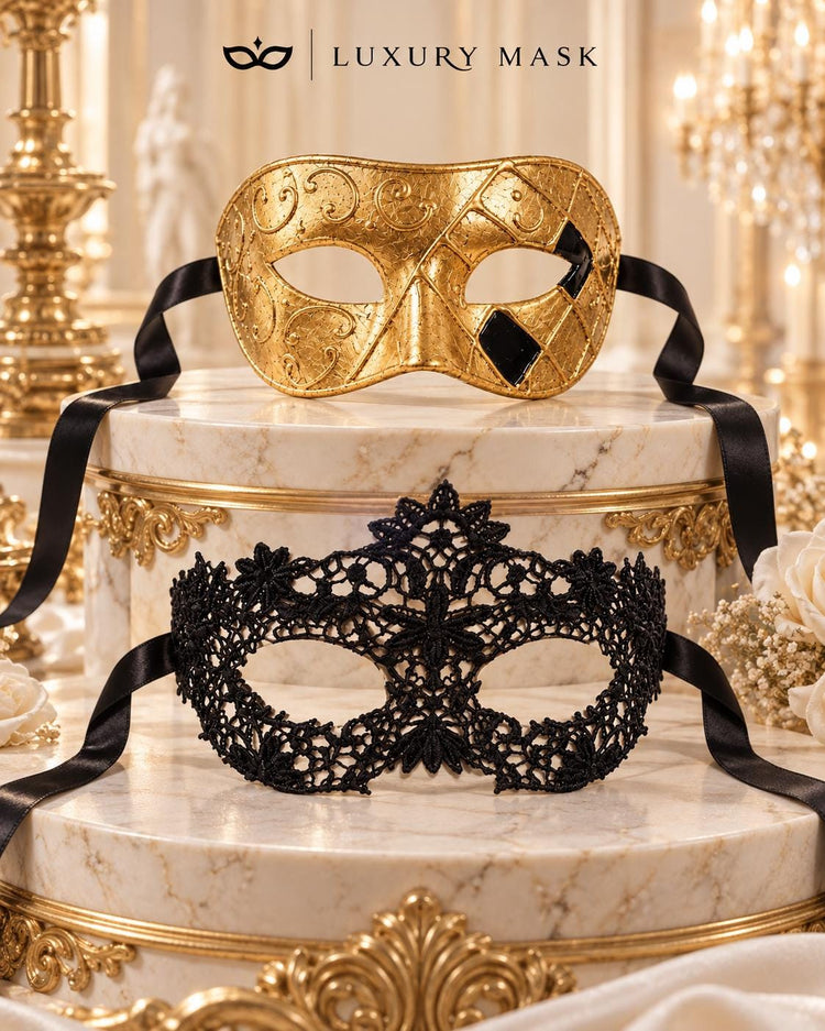 Gold Classic Venetian Mask for Men & Black Flower Lace Mask for Women | Elegant Couples Masquerade Mask Set product view 6
