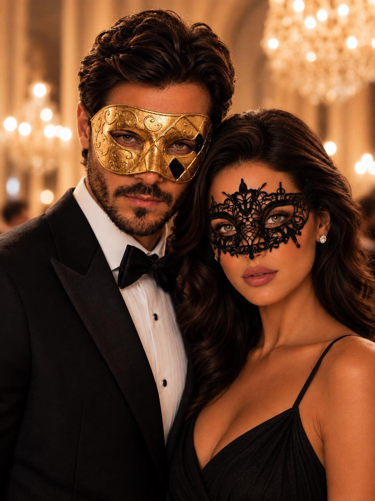 Gold Classic Venetian Mask for Men & Black Lace Mask for Women | Elegant His and Hers Couples Masquerade Mask Set product view 3