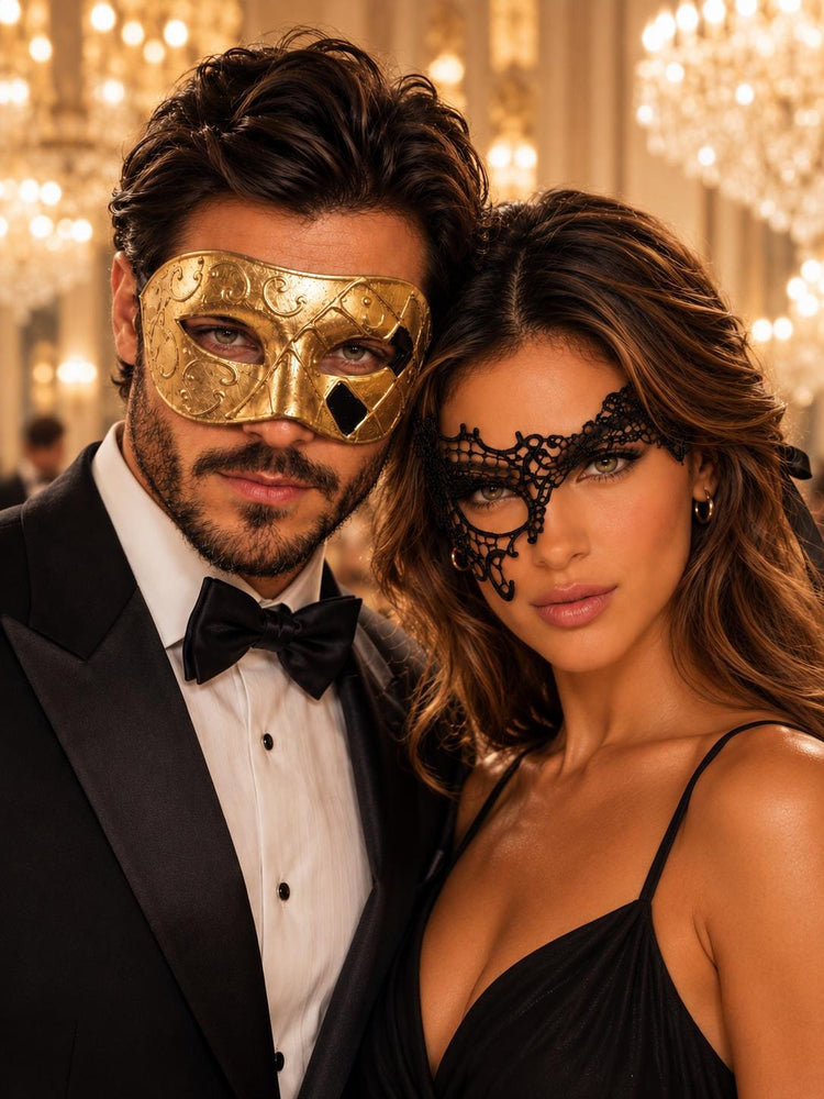 Gold Classic Venetian Mask for Men & Black Phantom Lace Mask for Women | His and Hers Couples Masquerade Mask Set