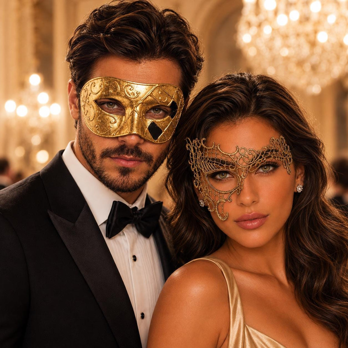 Gold Classic Venetian Mask for Men & Gold Phantom Lace Mask for Women | Matching Gold Couples Masquerade Mask Set product view 2
