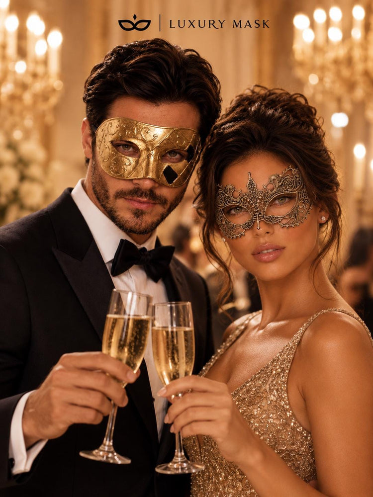 Gold Couples Masquerade Mask Matching Set | Classic Venetian Mask for Men & Elegant Gold Lace Mask for Women product view 4