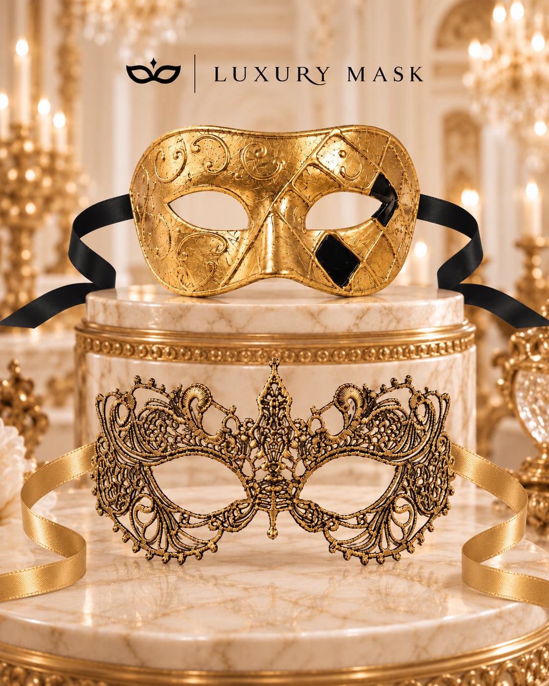 Gold Couples Masquerade Mask Matching Set | Classic Venetian Mask for Men & Elegant Gold Lace Mask for Women product view 6