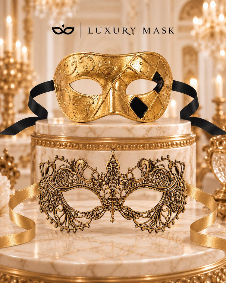 Gold Couples Masquerade Mask Matching Set | Classic Venetian Mask for Men & Elegant Gold Lace Mask for Women product view 6