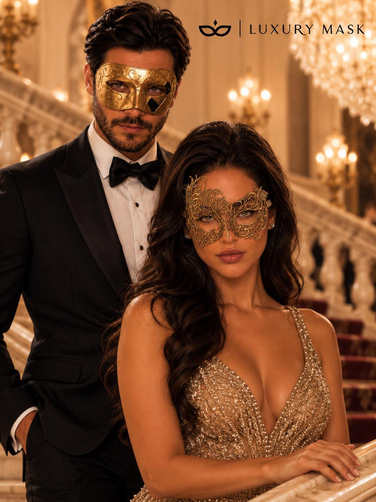 Gold Couples Masquerade Mask Set | Classic Venetian Mask for Men & Swan Lace Venetian Mask for Women product view 3