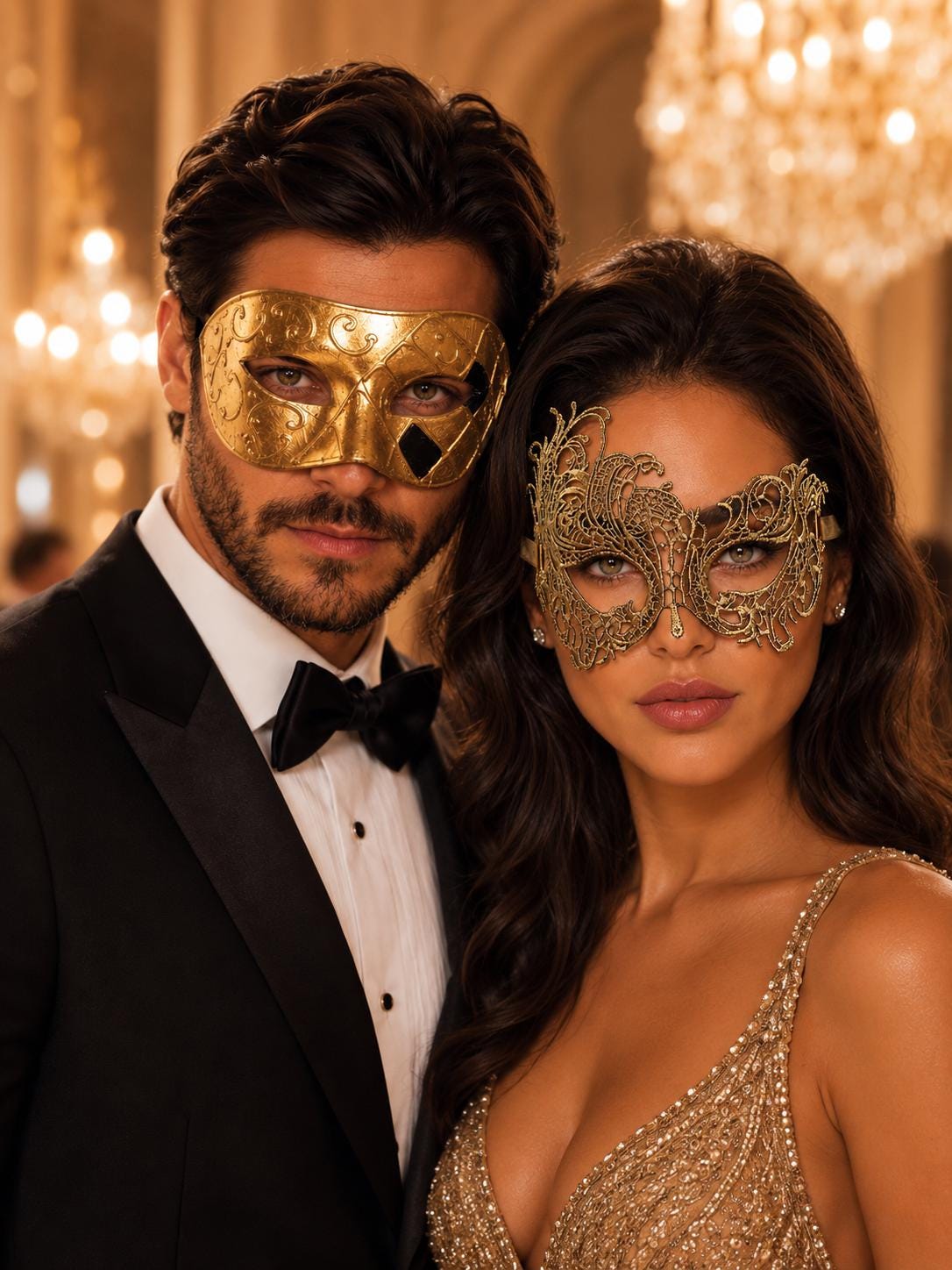 Gold Couples Masquerade Mask Set | Classic Venetian Mask for Men & Swan Lace Venetian Mask for Women