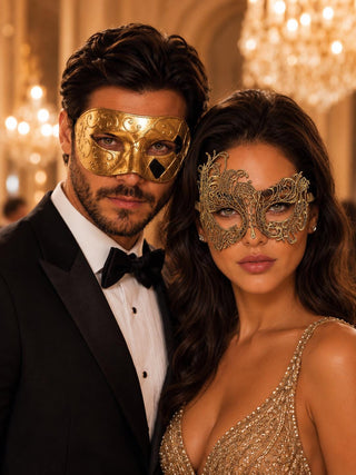 Gold Couples Masquerade Mask Set | Classic Venetian Mask for Men & Swan Lace Venetian Mask for Women