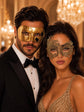 Gold Couples Masquerade Mask Set | Classic Venetian Mask for Men & Swan Lace Venetian Mask for Women