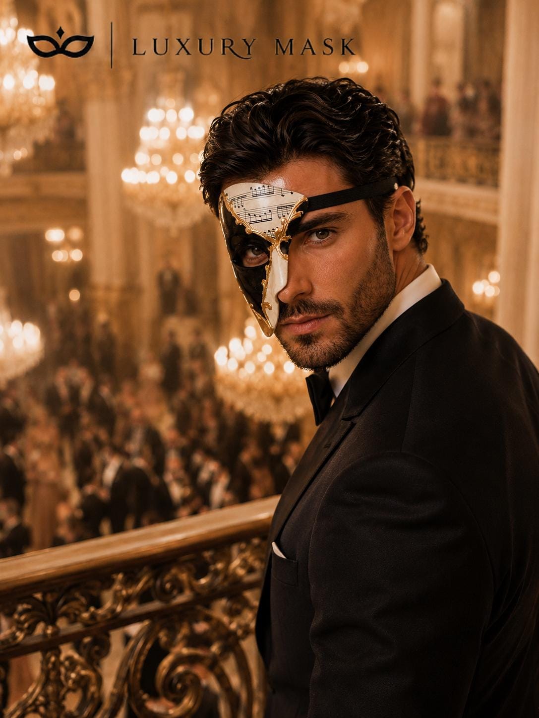 Black and Gold Musical Phantom Masquerade Mask for Men - view 4