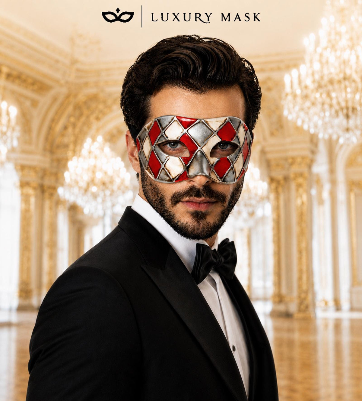 Red and Silver Checkered Masquerade Mask for Men - view 2