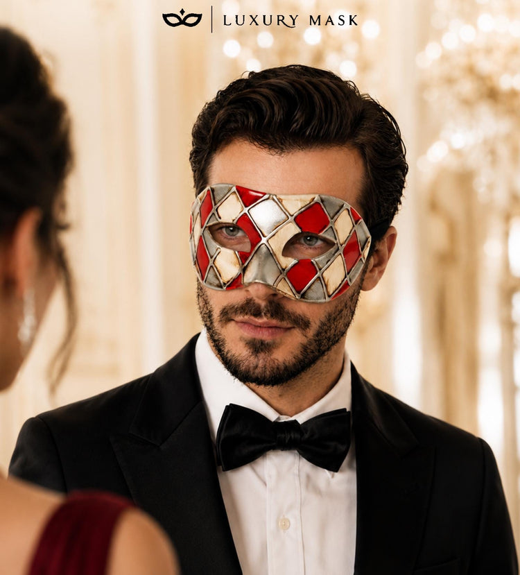 Red and Silver Checkered Masquerade Mask for Men - view 4