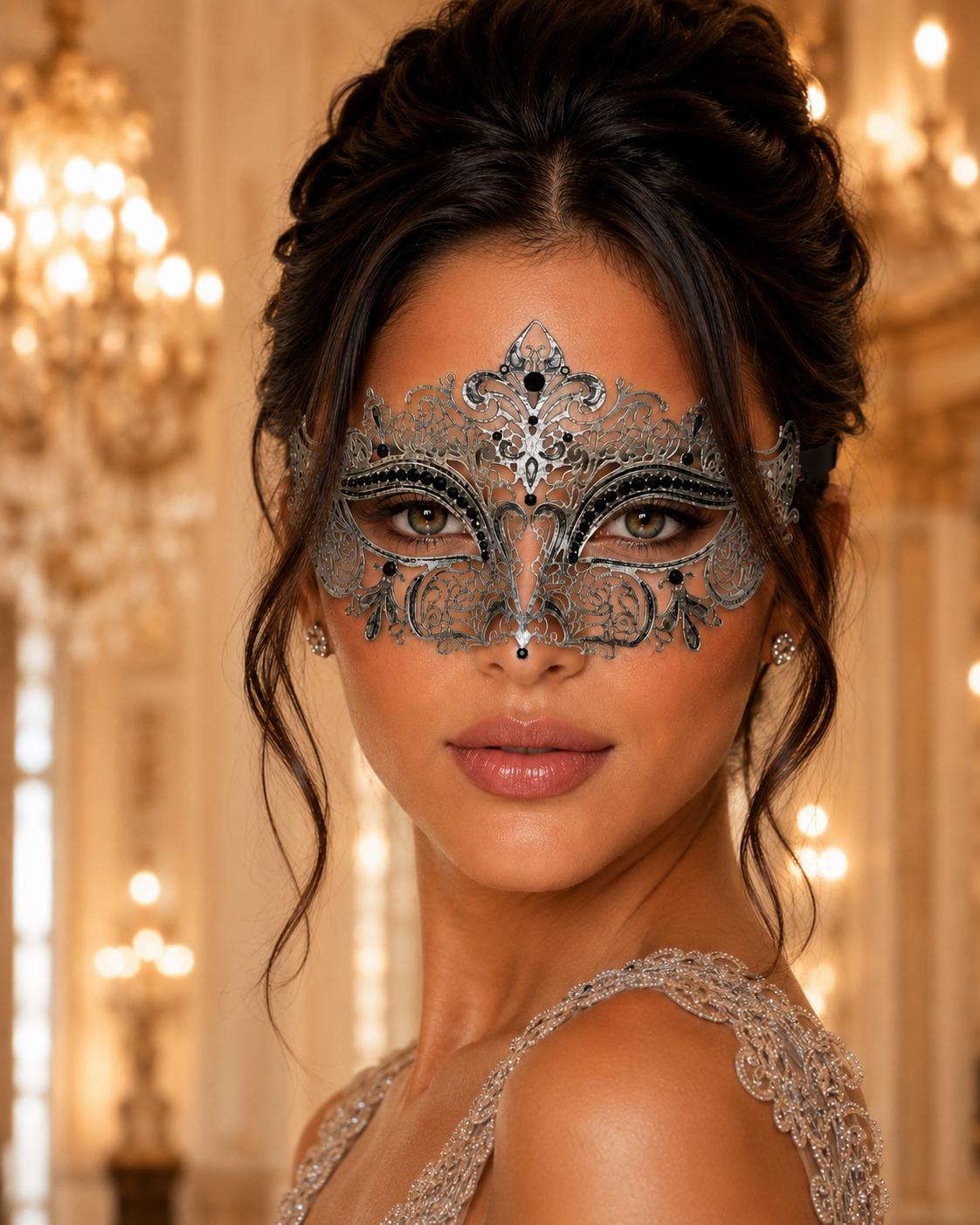 Silver Crown Masquerade Mask for Women with Black Stones - view 2
