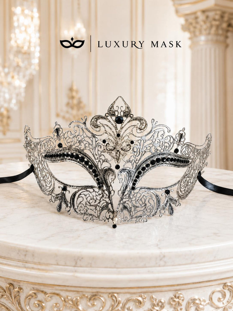 Silver Crown Masquerade Mask for Women with Black Stones - view 5