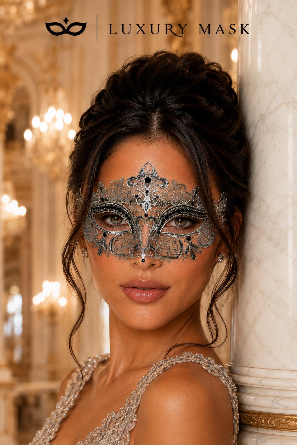 Silver Crown Masquerade Mask for Women with Black Stones - view 4