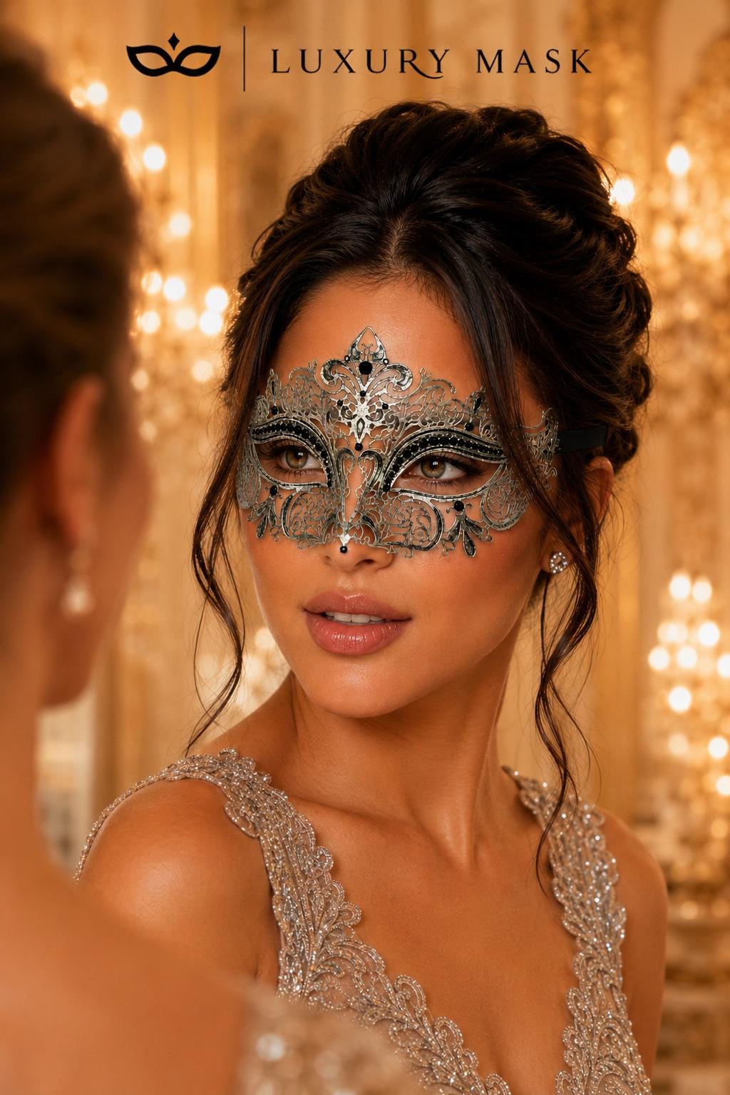 Silver Crown Masquerade Mask for Women with Black Stones - view 3