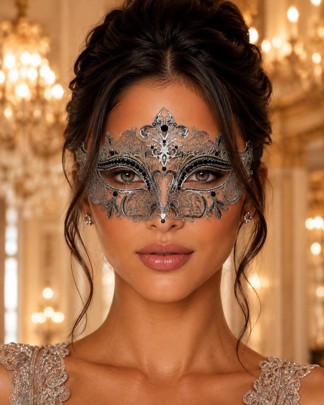 Silver Crown Masquerade Mask for Women with Black Stones - front view