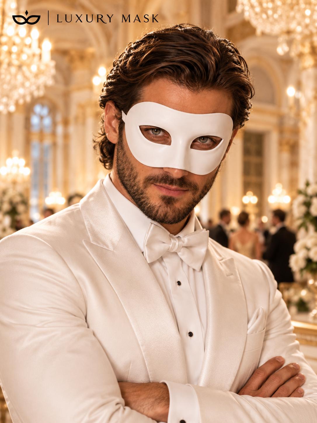 White Classic Venetian Mask for Men | Traditional Half Face Masquerade Mask for Mardi Gras, Carnival & Costume Events product view 3