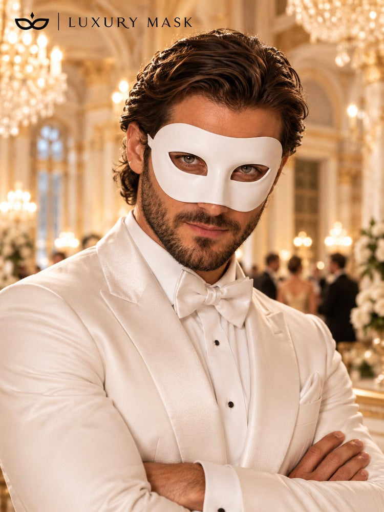 White Classic Venetian Mask for Men | Traditional Half Face Masquerade Mask for Mardi Gras, Carnival & Costume Events product view 3